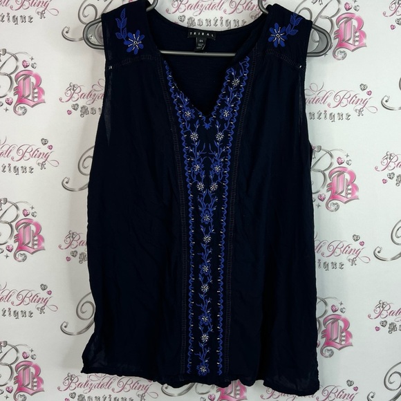 Tribal Tops - Tribal tank top embroidered Navy Blue Sleeveless Top floral flowers shirt